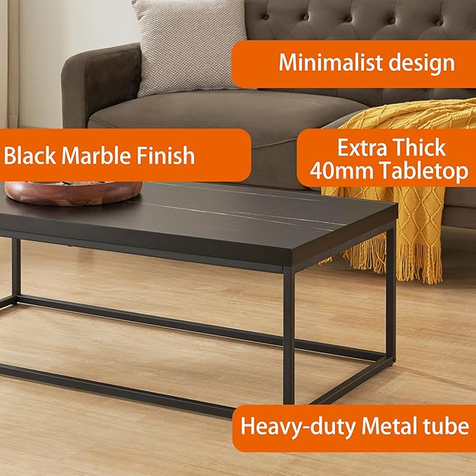 CENSI 18-Inch Black Marble Accent End Table/Side Table for Living Room, Modern Industrial, Square, Metal and Wood (Black Marble)