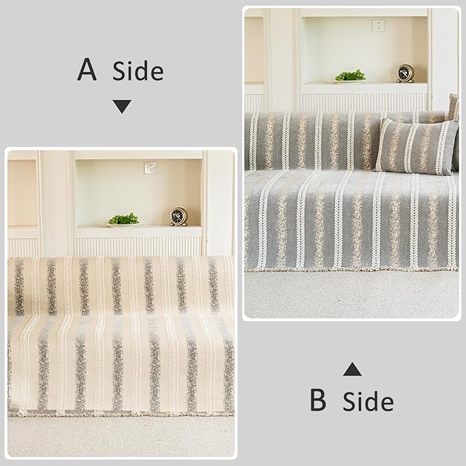 Couch Cover for Dogs Washable Sofa Cover, Sectional Couch Covers, Sofa Covers for 2 Cushion Couch, Non Slip Stripe Sofa Slipcovers Furniture Protector, Couch Protector from Cat Claws, Light,75''x150''