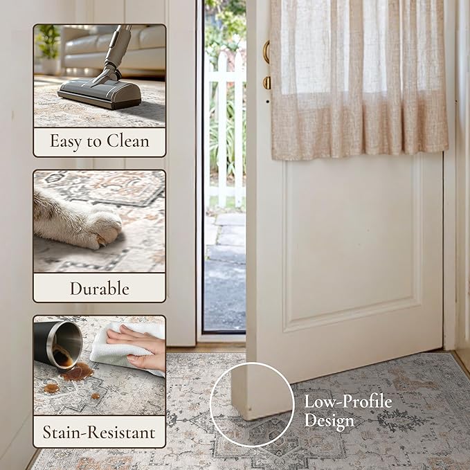 GENIMO 10x14 Area Rugs for Living Room, Non Slip Machine Washable Vintage Rugs, Low Pile Lightweight Chenille Print Large Rug for Bedroom, Dining Room, Home Office, Light Taupe Brown