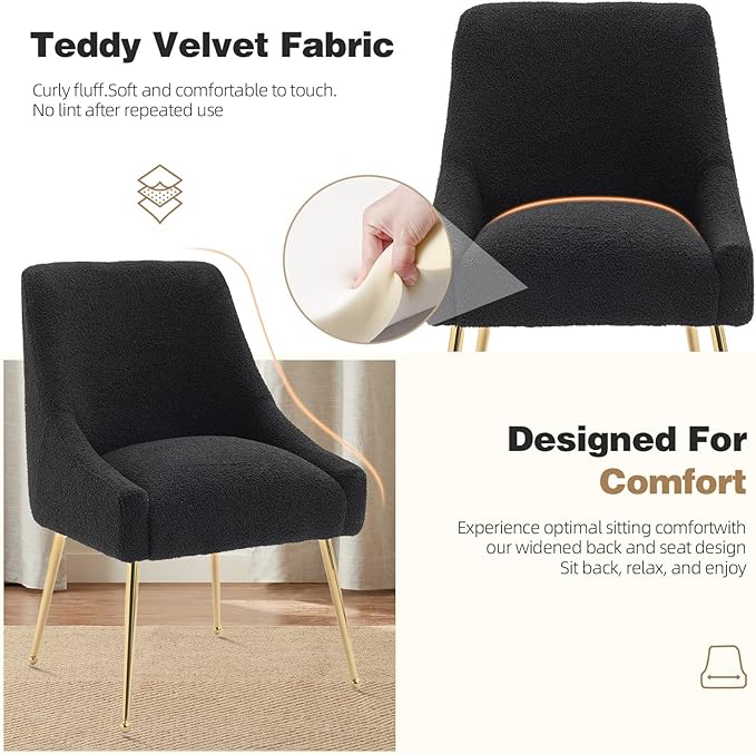 Dining Chairs Medieval Modern Restaurant Chairs, Soft Cushions, Teddy Velvet, Polished Gold Metal Legs, Kitchen Chairs, Living Room Black 2-Piece Set