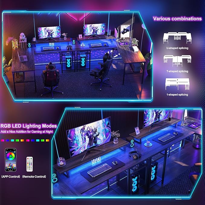 L Shaped Computer Desk with Magic Power Outlets and Smart LED Light, Reversible Office Corner Desk with Ergonomic Monitor Stand, Large Gaming Table with Storage, Sleek Grid Design, Black Oak