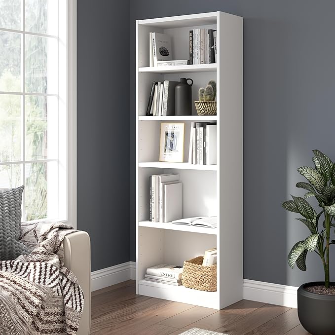 Bush Furniture Universal 25W Tall 5 Shelf Bookcase in White, Vertical Storage and Display Bookshelf for Home Office or Living Room Organization