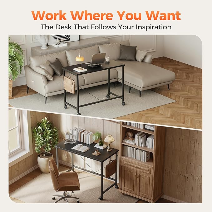 Rolling Computer Desk with Wheels, Gaming Desk for Small Spaces, Modern Simple Style Table for Home Office, Study Writing Table (Caster, Black, 32 inch)