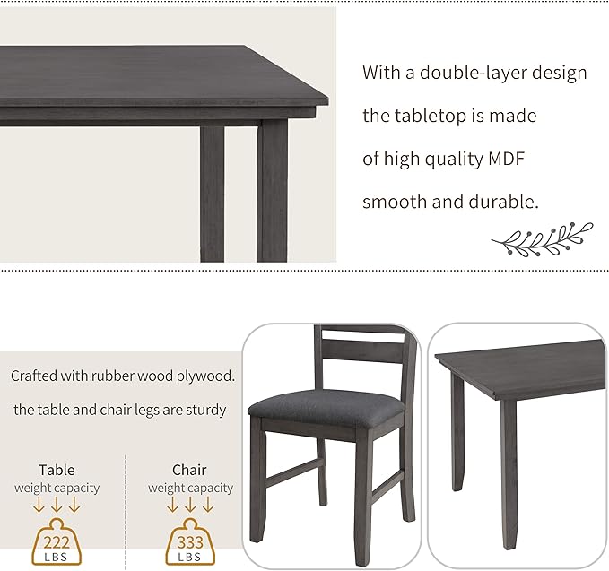 SogesPower 6-Piece Rustic Dining Table Set for 4-6,Rectangular Farmhouse Kitchen Table Set with 4 Chairs & 1 Bench for Dining Room Living Room,Gray