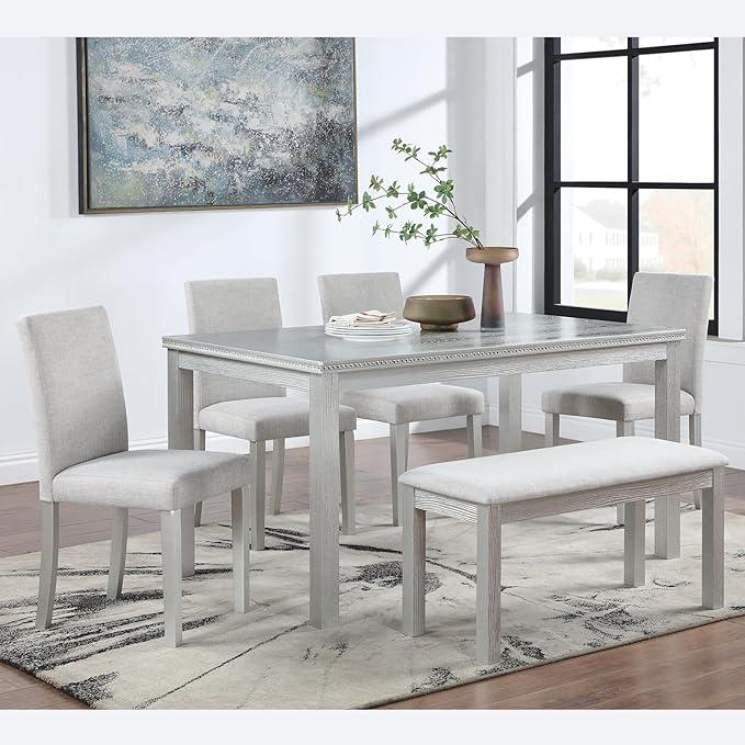 Ball & Cast 6 Piece Dining Table Set,Kitchen Table Set for 6 W/ 58.5" Rectangular Wooden Dining Table,Living Room Furniture W/ 4 Upholstered Chairs & 1 Bench,for Dining Room,Kitchen,Silver Grey