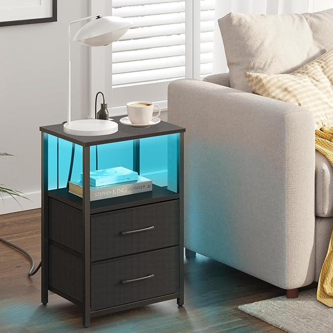 TUTOTAK LED End Table with Charging Station, Night Stand, Side Table with 2 USB Ports and Outlets, Nightstand with Cloth Drawer, Bedside Table for Livingroom, Bedroom Black TB01BK088L