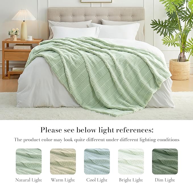 Amélie Home Luxury Striped Faux Fur Throw Blanket for Couch, Embossed Split Fur Cozy Fuzzy Fluffy Luxurious Soft Plush Sofa Chair Bed Gift Blankets for Women Men Wife Friend, 88"x90", Sage Green