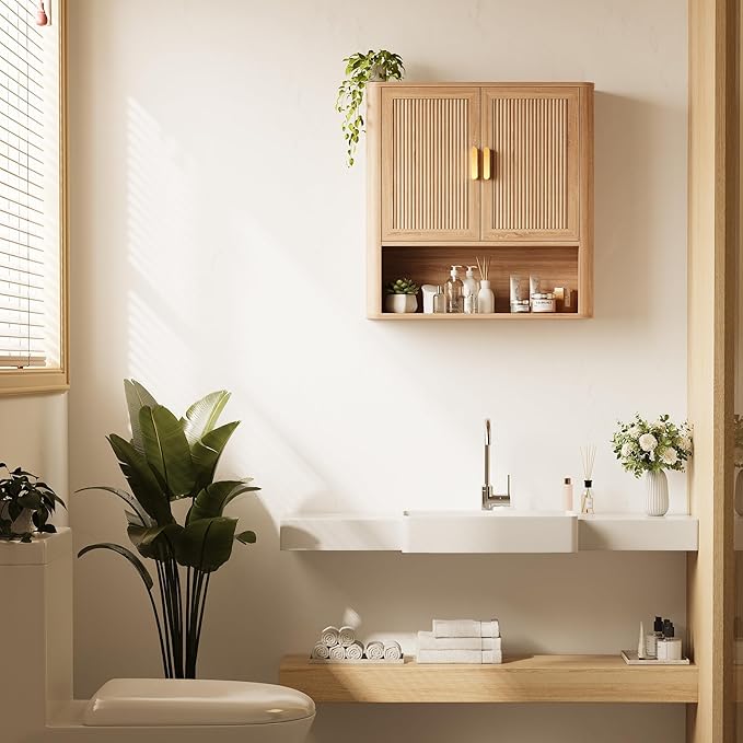Bathroom Storage Cabinet, Medicine Cabinet with Adjustable Wood Shelf & Doors, Over The Toilet Storage Cabinet for Laundry Room & Kitchen & Living Room (Natural Oak)