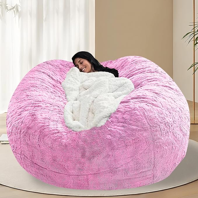 BCU 7FT Big Bean Bag for Adults Kids Without Filling Oversized Bean Bag Chair Cover for Stuffed Animal Storage, Pink