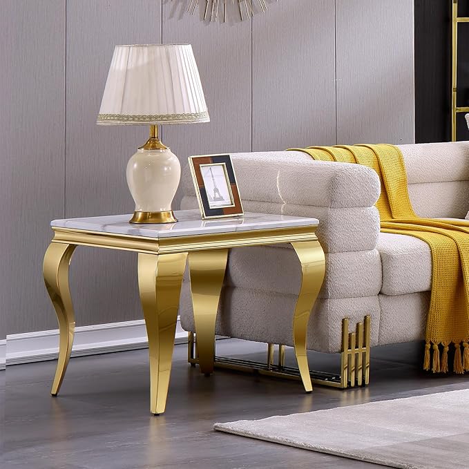 Gold End Table Set of 2, Modern White Living Room Side Table with Gold Metal Cabriole Legs, Square End Table for Sofa Couch, Living Room, Bedroom, Office