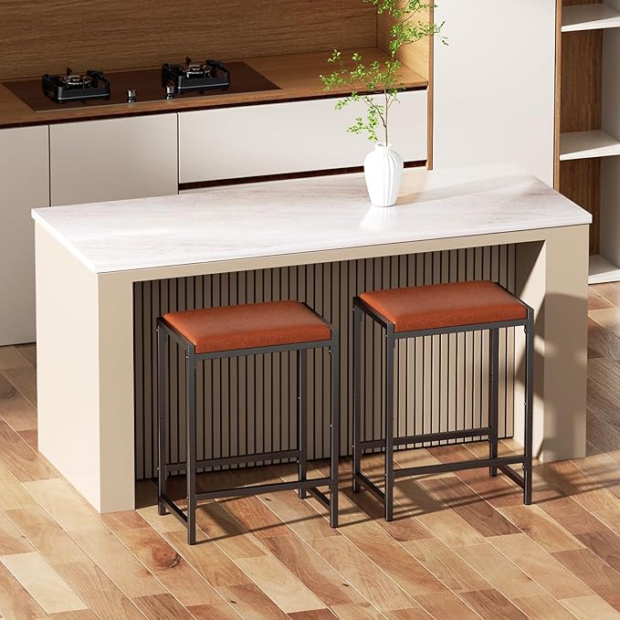 Bar Stools, Bar Chairs, Counter Height Bar Stools, Kitchen Counter Stools with Footrests, Synthetic Leather Mid-Century Modern, 25-Inch Tall, for Kitchen, Dining Room, Counter, Bar, Cafe