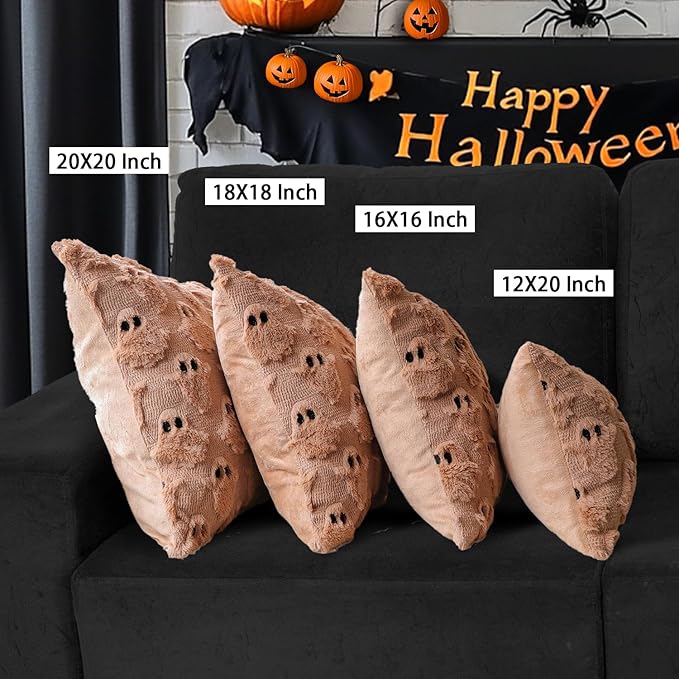 4TH Emotion Halloween Ghost Decorative Pillow Covers 16x16 Set of 2, Light Brown Soft Plush Faux Fur Farmhouse Throw Cushion Cases for Fall Autumn Holiday Home Decorations