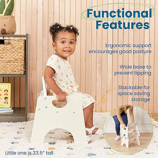 ECR4Kids Stackable Wooden Toddler Chair, 8in, Kids Furniture, White Wash, 2-Pack