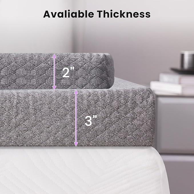 SINWEEK 3 Inch Gel Memory Foam Mattress Topper Twin Size, Pad for Back Pain, Bed Topper with Removable Soft Cover, CertiPUR-US Certified…,Grey