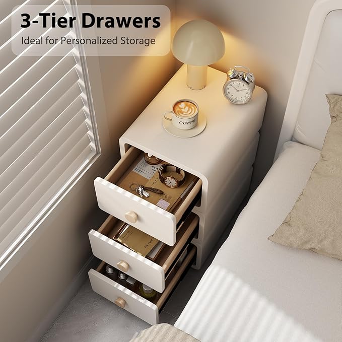White Night Stand, Narrow Nightstand with Drawers, Modern Nightstand for Bedroom, Dorm and Living Room.