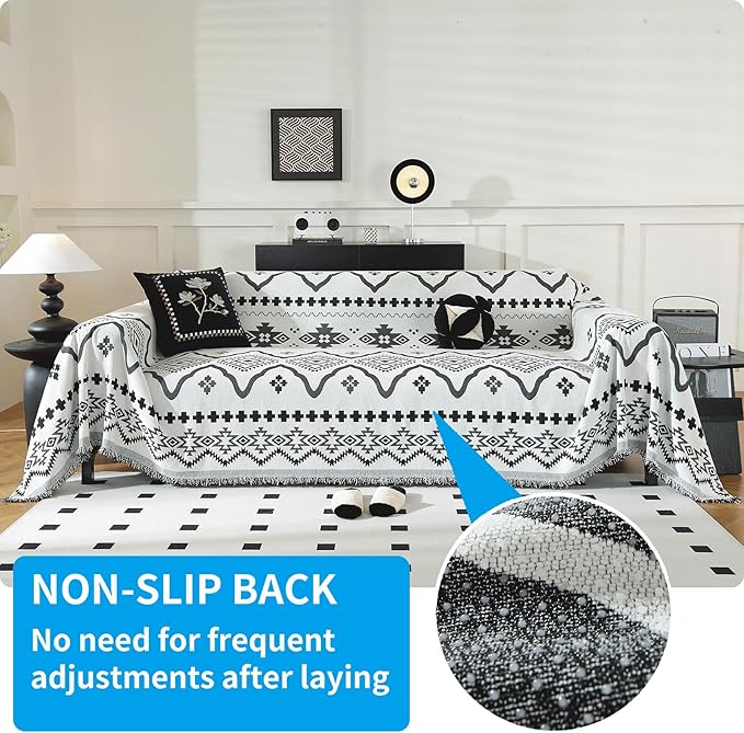 LUFEIJIASHI Boho Couch Covers for Sofa Non Slip Sofa Covers Washable Couch Covers for 3 Cushion Couch Sofa Pet Friendly Sectional Couch Cover Blanket Furniture Protector for Dogs (Black, 91"x118")