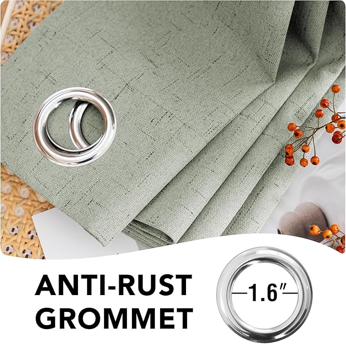 H.VERSAILTEX Linen Blackout Curtains 45 Inches Long 100% Absolutely Blackout Thermal Insulated Textured Linen Look Curtain Draperies Anti-Rust Grommet, Energy Saving with White Liner, 2 Panels, Sage