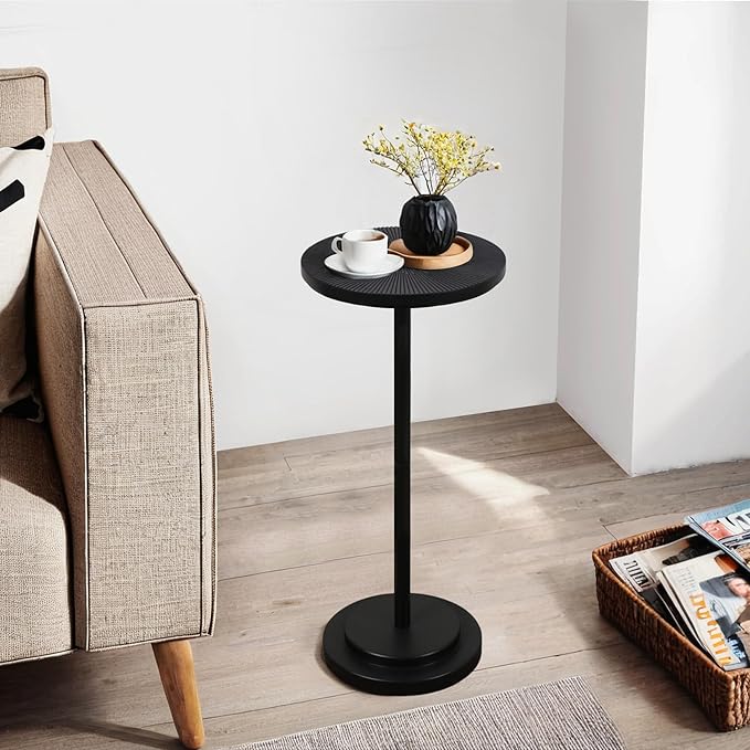 Drink Table, Carved Table Top Martini Table, Small Side Table, Weighted Base Pedestal Table for Living Room, Bedroom, Modern, Black, 1-Pack