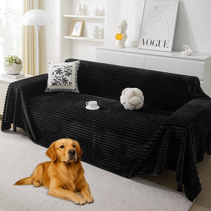 HAOMAIJIA Faux Fur Sofa Covers Couch Covers for 2 Cushion Couch Sofa Pet Friendly Soft Non Slip Couch Cover for Dogs Washable Sectional Couch Covers L Shape Furniture Protector (Black, 91"x118")