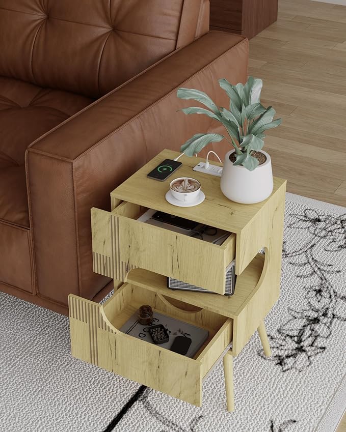 Nightstand with Charging Station and LED Lights,Modern Bedside Table with 2 Storage Drawer,Night Stand with Solid Wood Legs,White (Oak)