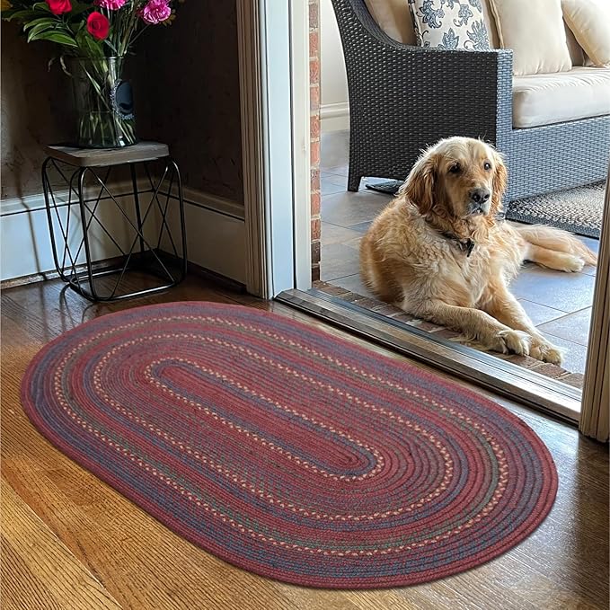Jamestown Burgundy Braided Oval Rug, Jute, 20x30 - Rustic Primitive Decor for Entryway, Kitchen, Everywhere