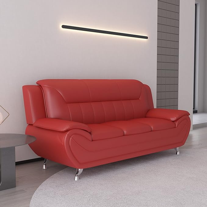Container Furniture Direct Michael Modern Faux Leather Upholstered Stainless Steel Legs Living Room Sofa, Red