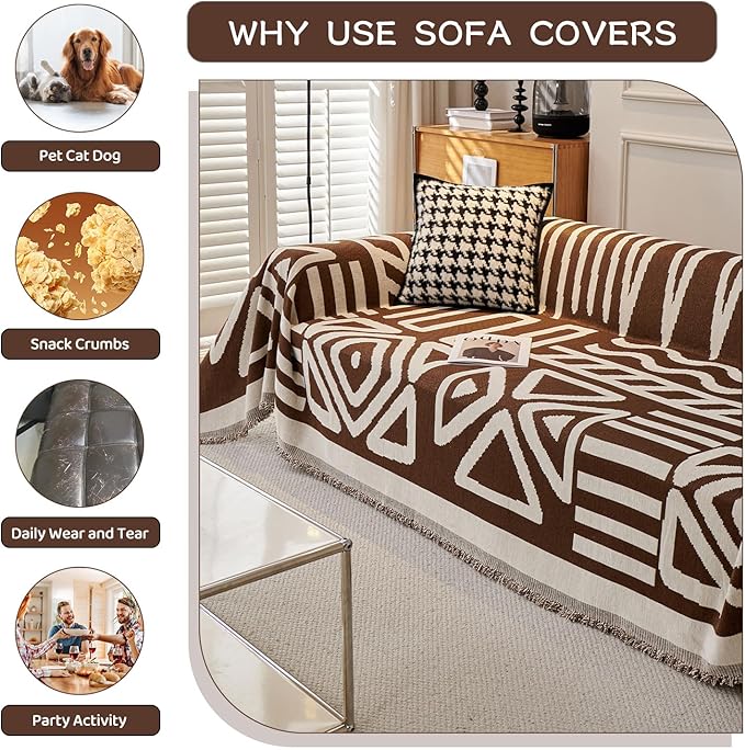 STACYPIK Soft Breathable Boho Chocolate Sofa Cover Stain Resistant Furniture Protector for 3 Cushion Couch Washable Sofa Cover for Dogs Cats Dark Khaki Reversible Sectional Covers for Sofa-91X134IN