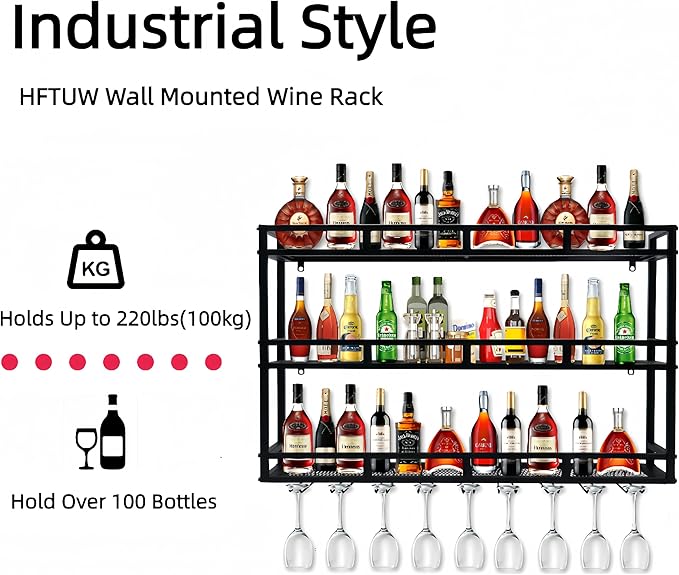 Metal Wine Rack Wall Mounted, Bar Shelves for Liquor Bottles with LED Light, 3 Tier Large Capacity Liquor Rack Wall Mounted with Glass Holder for Home Bar & Dining Room （Gold, 59in/150cm）