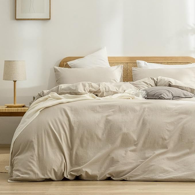 BESTOUCH Duvet Cover Set 100% Washed Cotton Linen Feel Super Soft Comfortable Chic Lightweight 2 PCs Home Bedding Set Solid Almond Milk Grey Twin/Twin XL
