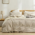 BESTOUCH Duvet Cover Set 100% Washed Cotton Linen Feel Super Soft Comfortable Chic Lightweight 3 PCs Home Bedding Set Solid Almond Milk Grey Oversized King