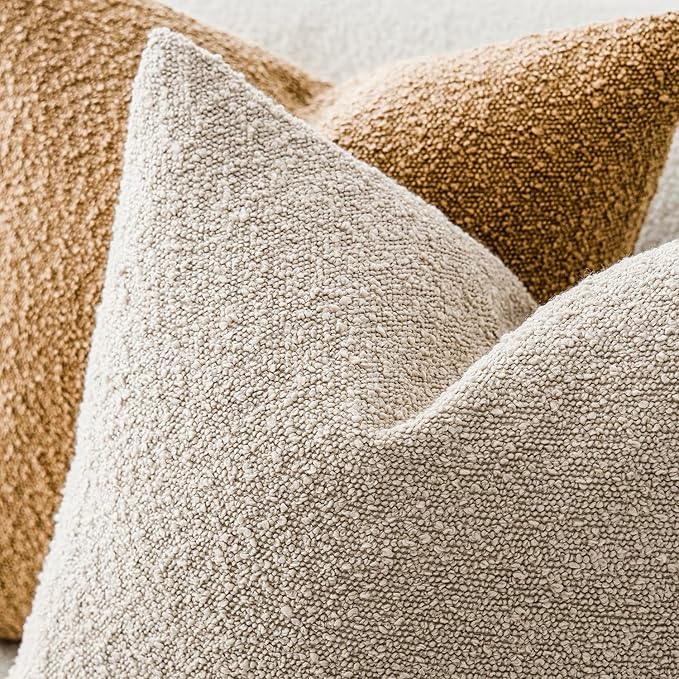 Foindtower Set of 2, Decorative Textured Boucle Throw Pillow Covers Accent Solid Pillow Cases Neutral Soft Cozy Couch Cushion Case for Chair Sofa Bedroom Living Room Home Decor 26 x 26 Inch,Oatmeal