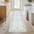 Blue and Green 2x6 Boho Bathroom Runner - Modern Vintage Eclectic Floral Pastel Geometric Oushak Runners, Washable Low Pile Non Slip Small Area Rugs for Kitchen, Hallway, Bedroom, Laundry, Powder Room