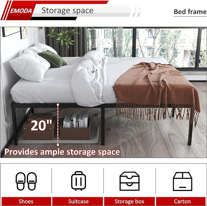 EMODA 20 Inch Tall Full Size Bed Frame with Large Storage Space, Easy Assembly Heavy Duty Metal Platform No Box Spring Needed, Noise Free, Black