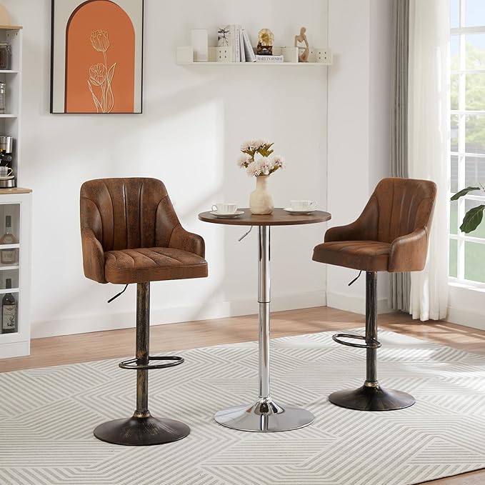 VECELO Bar Stools Set of 2, Adjustable Counter Height Barstools with Back and Arm, Swivel Bar Chair Stools for Kitchen Counter Island Cafe Dining Room, Industrial Style, Brown