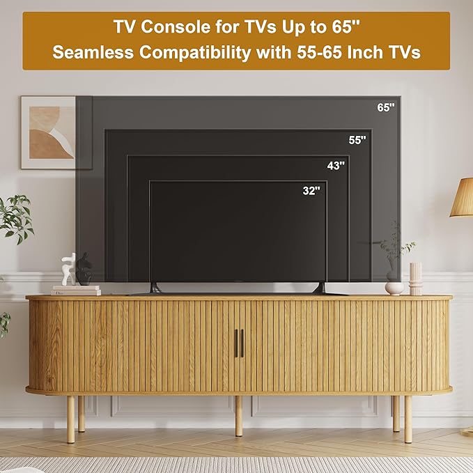 GarveeHome 70.1" TV Stand, Modern TV Console Table with Storage Compartment and Sliding Door, Gaming Entertainment Center with Cabinet for Living Room, Bedroom, Office, Oak