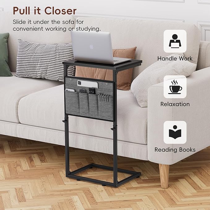 Vagusicc C Shaped End Table, 33'' Tall Side Table for Couch, Adjustable Height Small Couch Side Table for Small Spaces, Couch Table Slide Under Sofa Table TV Tray Table for Living Room Bedroom, Black