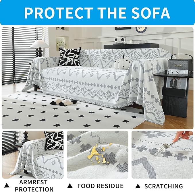 LUFEIJIASHI Boho Couch Covers for Sofa Non Slip Sofa Covers Washable Couch Covers for 3 Cushion Couch Sofa Pet Friendly Sectional Couch Cover Blanket Furniture Protector for Dogs (Grey, 71"x118")