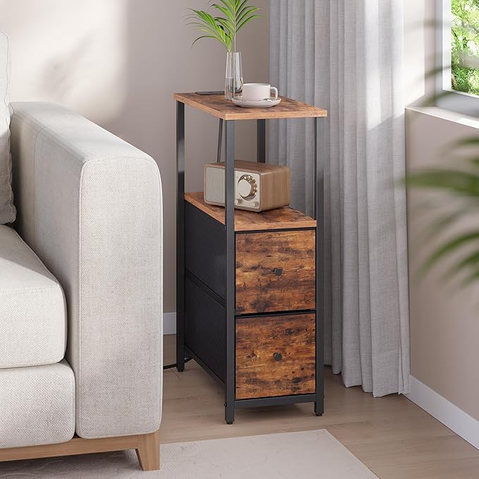 TUTOTAK Small Narrow End Table with Charging Station, Set of 2, Side Table with Outlets, Nightstand with 2 Cloth Drawers, Couch Table, for Living Room, Bedroom, Bedside, Brown TB01BB055