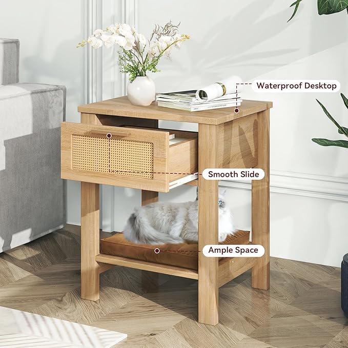 IBUYKE Rattan Nightstand, Boho Night Stand with Drawer, Wood Bedside Tables with Storage Shelf, End Table with Legs for Bedroom, Natural UWNS011N