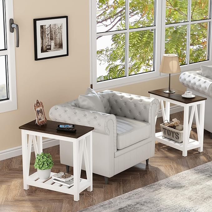 ChooChoo Farmhouse End Table Set of 2, Rustic Vintage Narrow End Side Table with Storage Shelf for Small Spaces, Nightstand Sofa Table for Living Room, Bedroom White