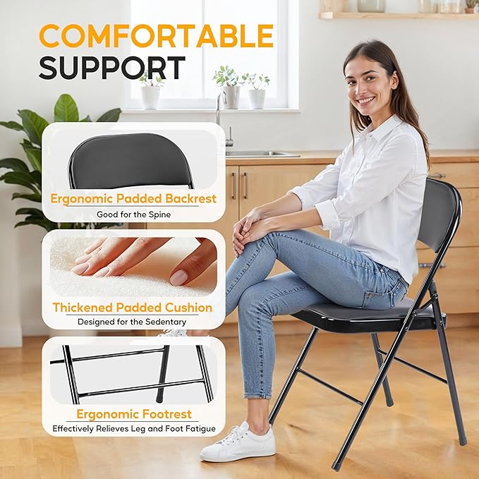 HealSmart Folding Chairs 4 Pcs with Leather Padded Cushion Seats, Back & Sturdy Metal Frame, Stackable, Portable, Commercial Event Seat, Indoor Outdoor for Parties, Home Event, Office, Black