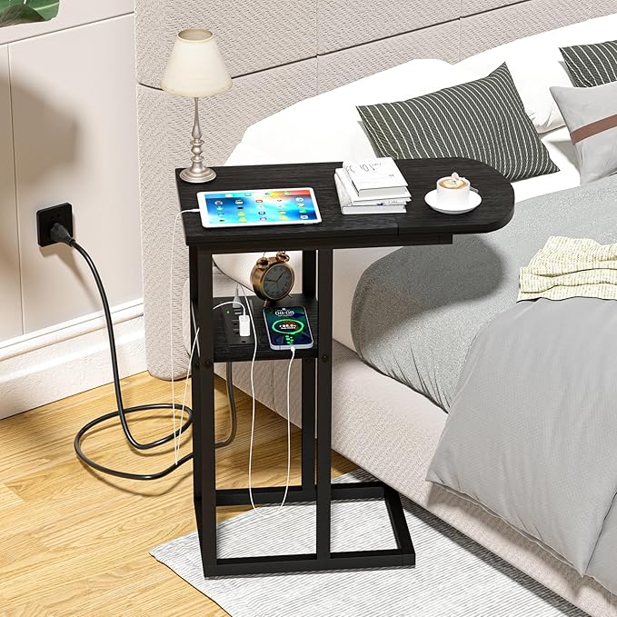 C Table End Table with Charging Station, Couch C Shaped Side Table for Living Room, Bedroom, Laptop Table with USB Ports and Type-C Port, Snack Tray Table for Couch, Black