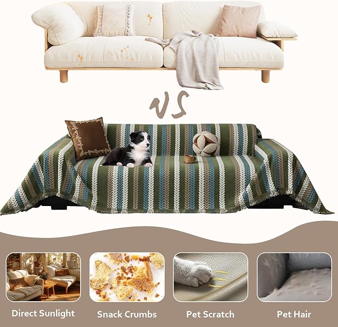 STACYPIK Thick Jacquard Green Couch Cover, Washable Sofa Cover for 2 Cushion Couch, Washable Chenille Couch Cover Blanket, Multi-use Sofa Protector Slipcover, Furniture Protector Pet-Friendly-71X118IN