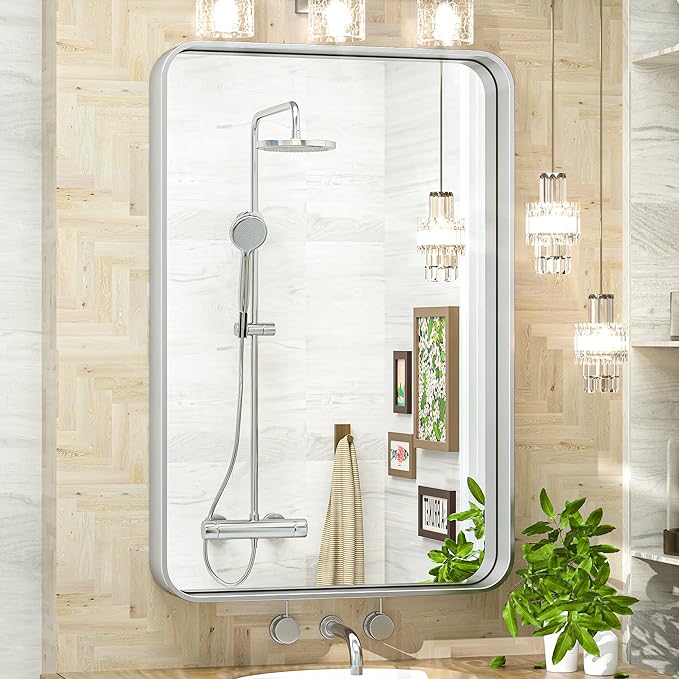 TokeShimi 20 x 30 Inch Silver Bathroom Wall Mirror Vanity Metal Frame Round Corner Rectangular for Home Decor Living Room Entryway (Horizontal/Vertical)