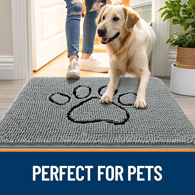 OLANLY Door Mat for Muddy Dog Paws 34x21, Ultra Absorbent Chenille Mud Doormat with Paw Print Design, Non-Slip Washable Doormat for Indoor Entryway, Quick-Dry Pet Bed Mats for Dirty Dogs, Grey