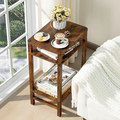 28in Tall Side Table Set of 2, 3-Tier Small Narrow End Table for Couch, Skinny Nightstand for Small Space, Farmhouse Slim Night Stand with Storage, Wooden Frame Thin Bedside Table, Brown