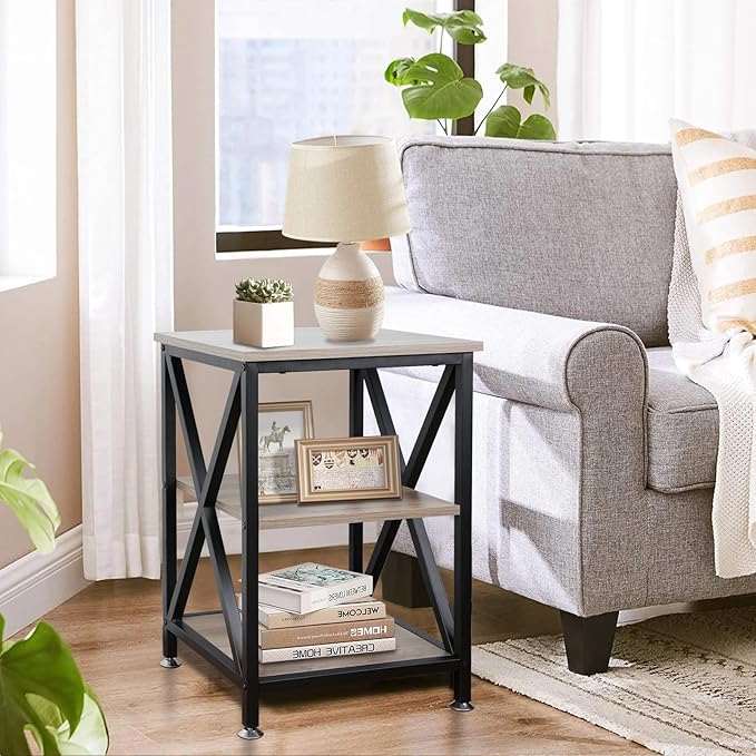 End Tables Living Room, 16" D x 16" W x 24" H, Indoor SideTables Living Room with Storage Shelf, Square End Table, X-Shaped Night Stands for Bedroom, Farmhouse Wood End Tables, Grey