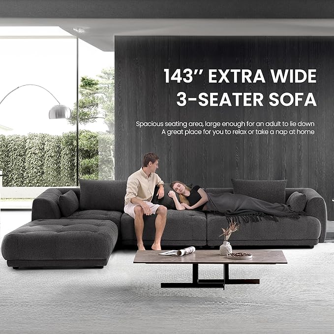 COLAMY 144" Modular Sectional Chenille Couch with Ottoman, Cloud Sectional Sofa Set with Ottoman,for Living Room(Gray)