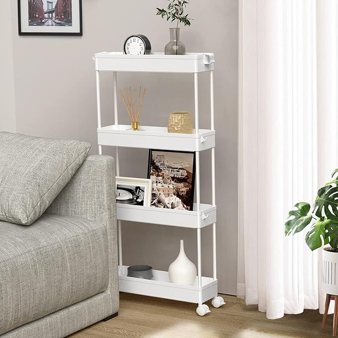SPACELEAD Slim Storage Cart 4 Tier,Bathroom Organizer Rolling Utility, Mobile Shelving Unit Slide Out for Office, Kitchen, Laundry Room & Narrow Places,White