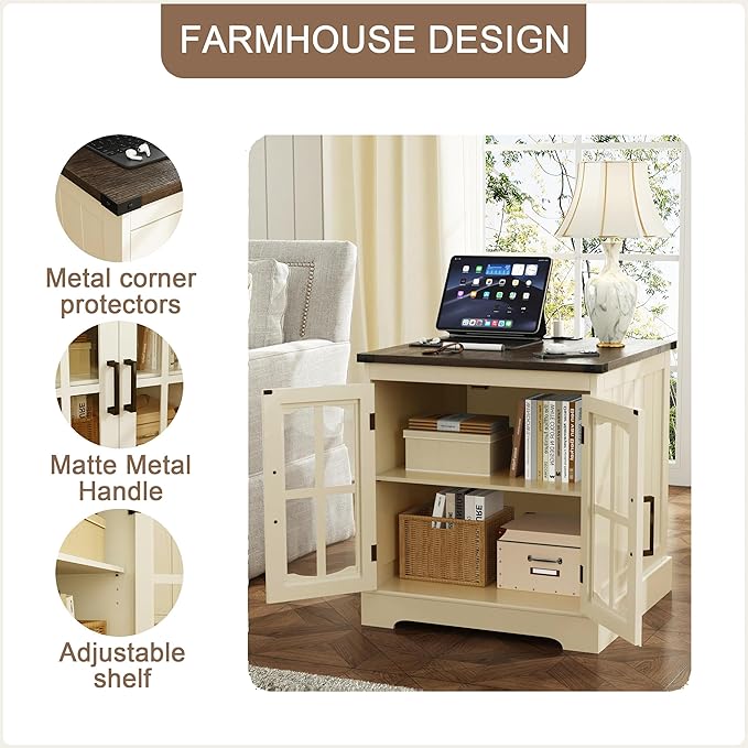 ChooChoo Farmhouse End Table, 24" Large Sofa Side Table with Charging Station & LED Light, Nightstand with Adjustable Storage Shelf, Square Bedside Table for Living Room Beige (Cream Mix with White)